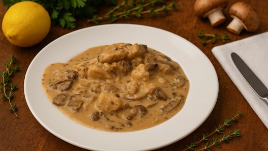 AIP Chicken Stroganoff with mushrooms in creamy coconut sauce, gluten-free, dairy-free, low-inflammatory, autoimmune-friendly comfort food on a rustic table