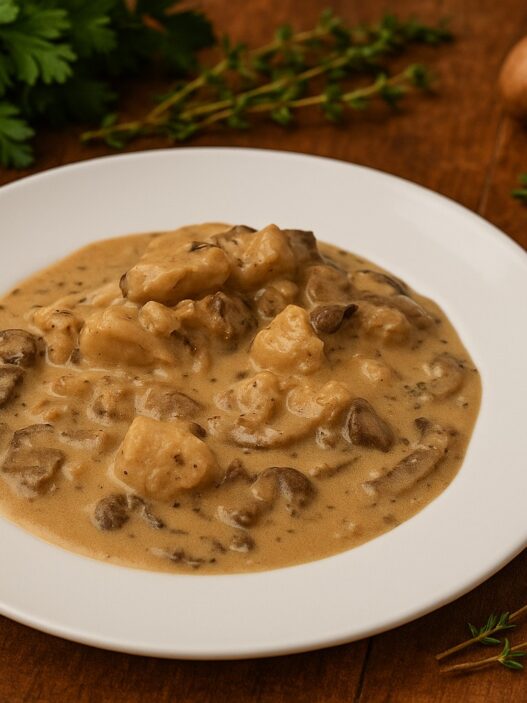 AIP Chicken Stroganoff with mushrooms in creamy coconut sauce, gluten-free, dairy-free, low-inflammatory, autoimmune-friendly comfort food on a rustic table