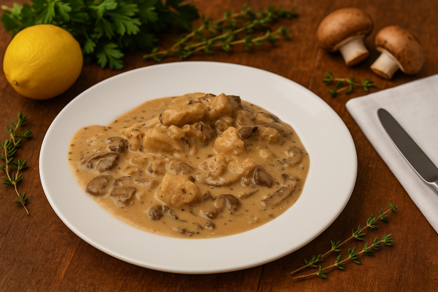 AIP Chicken Stroganoff with mushrooms in creamy coconut sauce, gluten-free, dairy-free, low-inflammatory, autoimmune-friendly comfort food on a rustic table