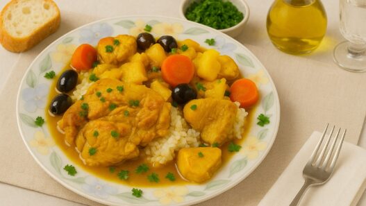 AIP Moroccan Chicken Tagine served with rice, carrots, potatoes, olives, and fresh parsley in a rich turmeric sauce on a floral plate – gluten-free, dairy-free, anti-inflammatory, autoimmune-friendly dish.