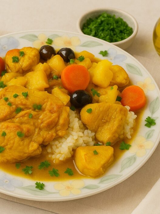AIP Moroccan Chicken Tagine served with rice, carrots, potatoes, olives, and fresh parsley in a rich turmeric sauce on a floral plate – gluten-free, dairy-free, anti-inflammatory, autoimmune-friendly dish.