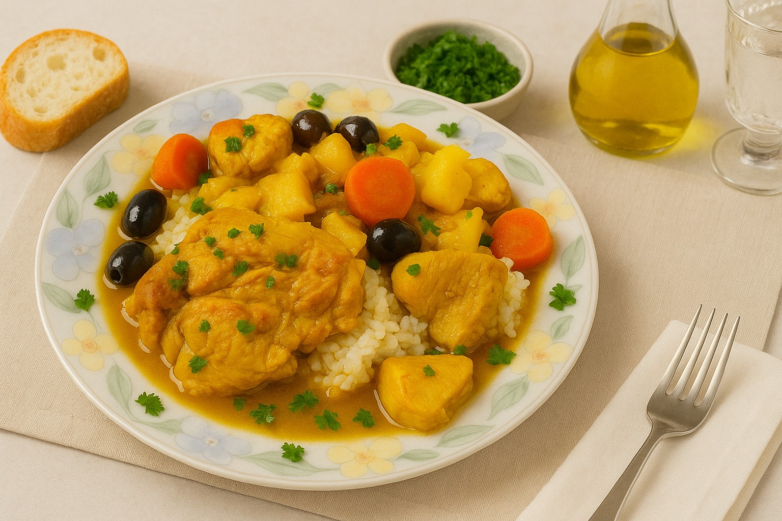 AIP Moroccan Chicken Tagine served with rice, carrots, potatoes, olives, and fresh parsley in a rich turmeric sauce on a floral plate – gluten-free, dairy-free, anti-inflammatory, autoimmune-friendly dish.
