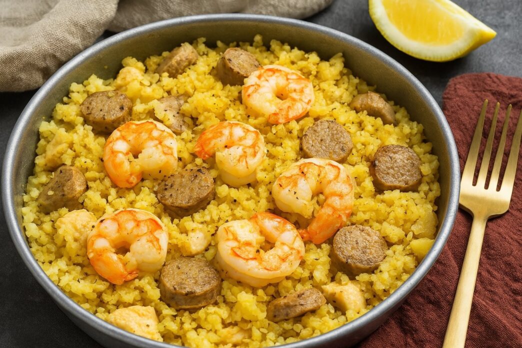 AIP Chicken Paella with shrimp, chicken, and sausage in a grain-free cauliflower rice base; paleo, gluten-free, dairy-free, and autoimmune-friendly