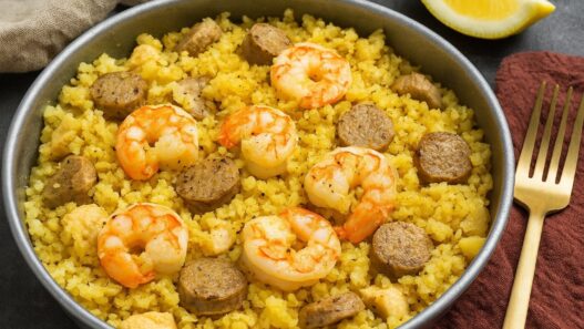 AIP Chicken Paella with shrimp, chicken, and sausage in a grain-free cauliflower rice base; paleo, gluten-free, dairy-free, and autoimmune-friendly