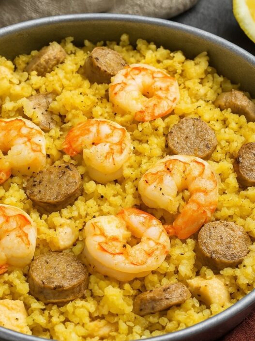 AIP Chicken Paella with shrimp, chicken, and sausage in a grain-free cauliflower rice base; paleo, gluten-free, dairy-free, and autoimmune-friendly