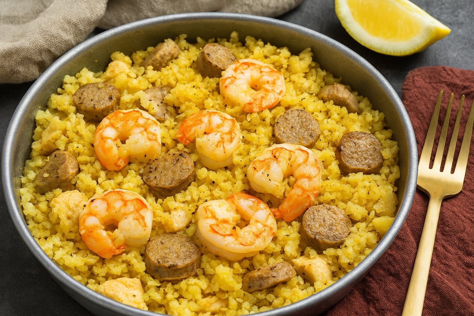 AIP Chicken Paella with shrimp, chicken, and sausage in a grain-free cauliflower rice base; paleo, gluten-free, dairy-free, and autoimmune-friendly