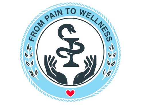 From Pain to Wellness logo featuring healing hands, medical snake symbol, heart icon, and wellness-themed blue circle for autoimmune and holistic health.