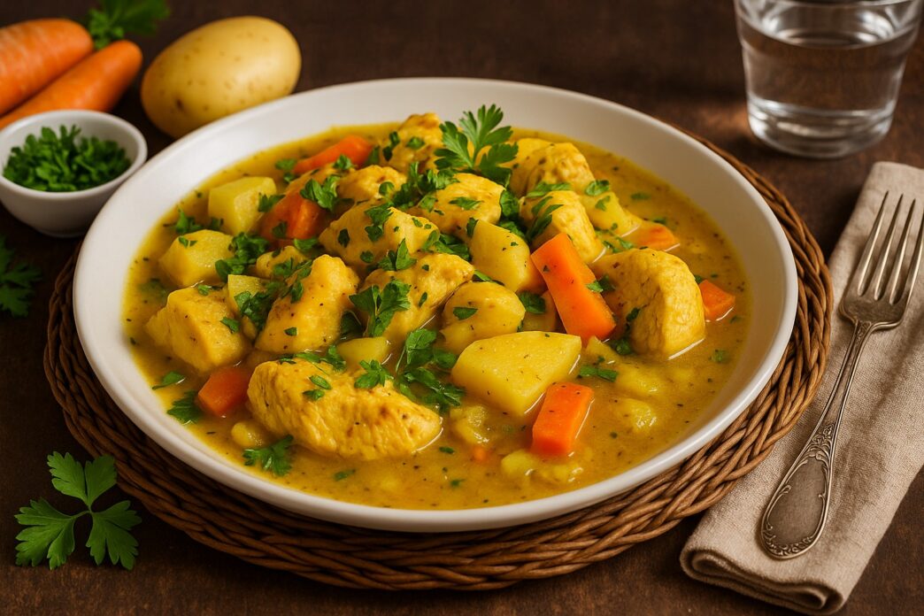 AIP Chicken Stew with tender chicken, sweet potatoes, carrots, and celery, supporting gut health and managing autoimmune conditions. Dairy-free, gluten-free, nightshades-free, perfect for a healthy meal.