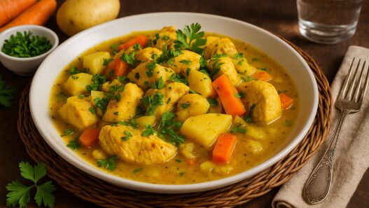 AIP Chicken Stew with tender chicken, sweet potatoes, carrots, and celery, supporting gut health and managing autoimmune conditions. Dairy-free, gluten-free, nightshades-free, perfect for a healthy meal.