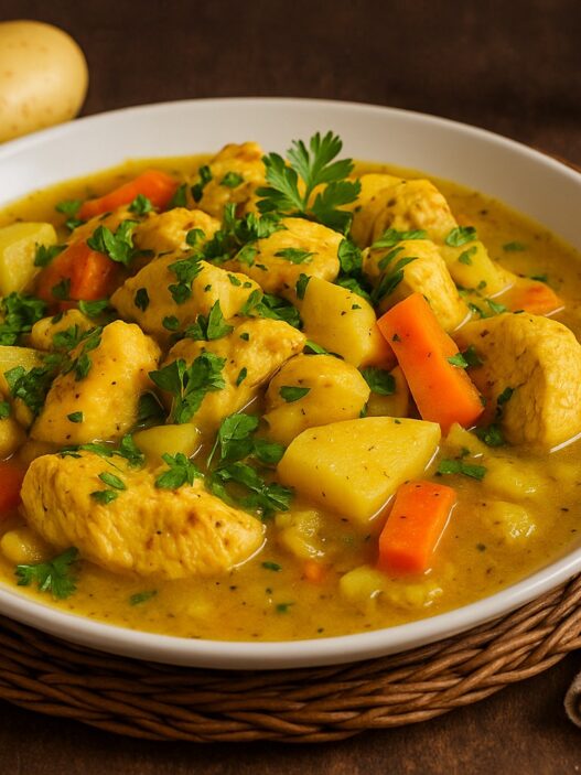 AIP Chicken Stew with tender chicken, sweet potatoes, carrots, and celery, supporting gut health and managing autoimmune conditions. Dairy-free, gluten-free, nightshades-free, perfect for a healthy meal.