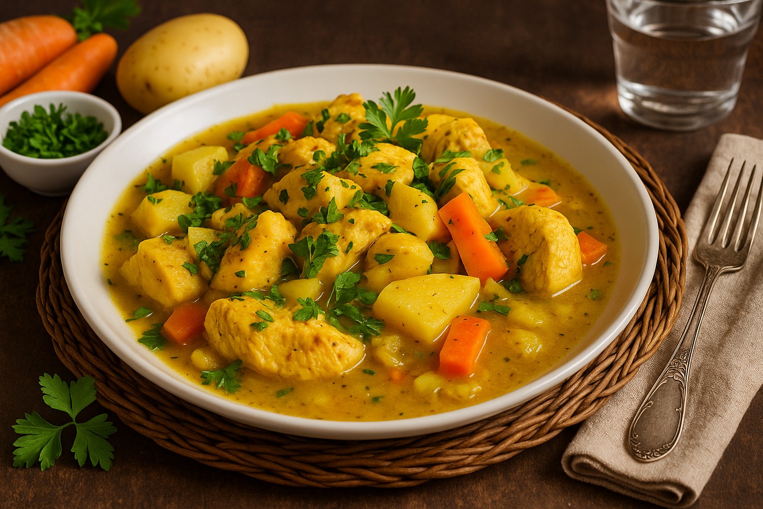 AIP Chicken Stew with tender chicken, sweet potatoes, carrots, and celery, supporting gut health and managing autoimmune conditions. Dairy-free, gluten-free, nightshades-free, perfect for a healthy meal.