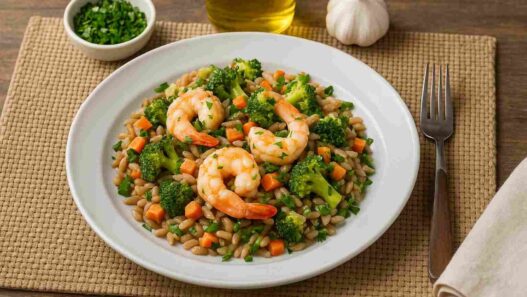 AIP Garlic Shrimp Orzo, a healthy gluten-free and dairy-free seafood dish with cooked vegetables and grain-free orzo, perfect for the autoimmune protocol diet.