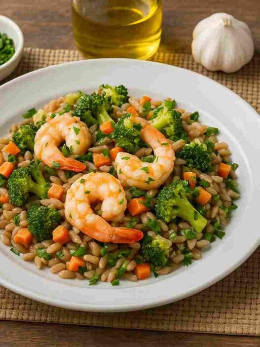 AIP Garlic Shrimp Orzo, a healthy gluten-free and dairy-free seafood dish with cooked vegetables and grain-free orzo, perfect for the autoimmune protocol diet.