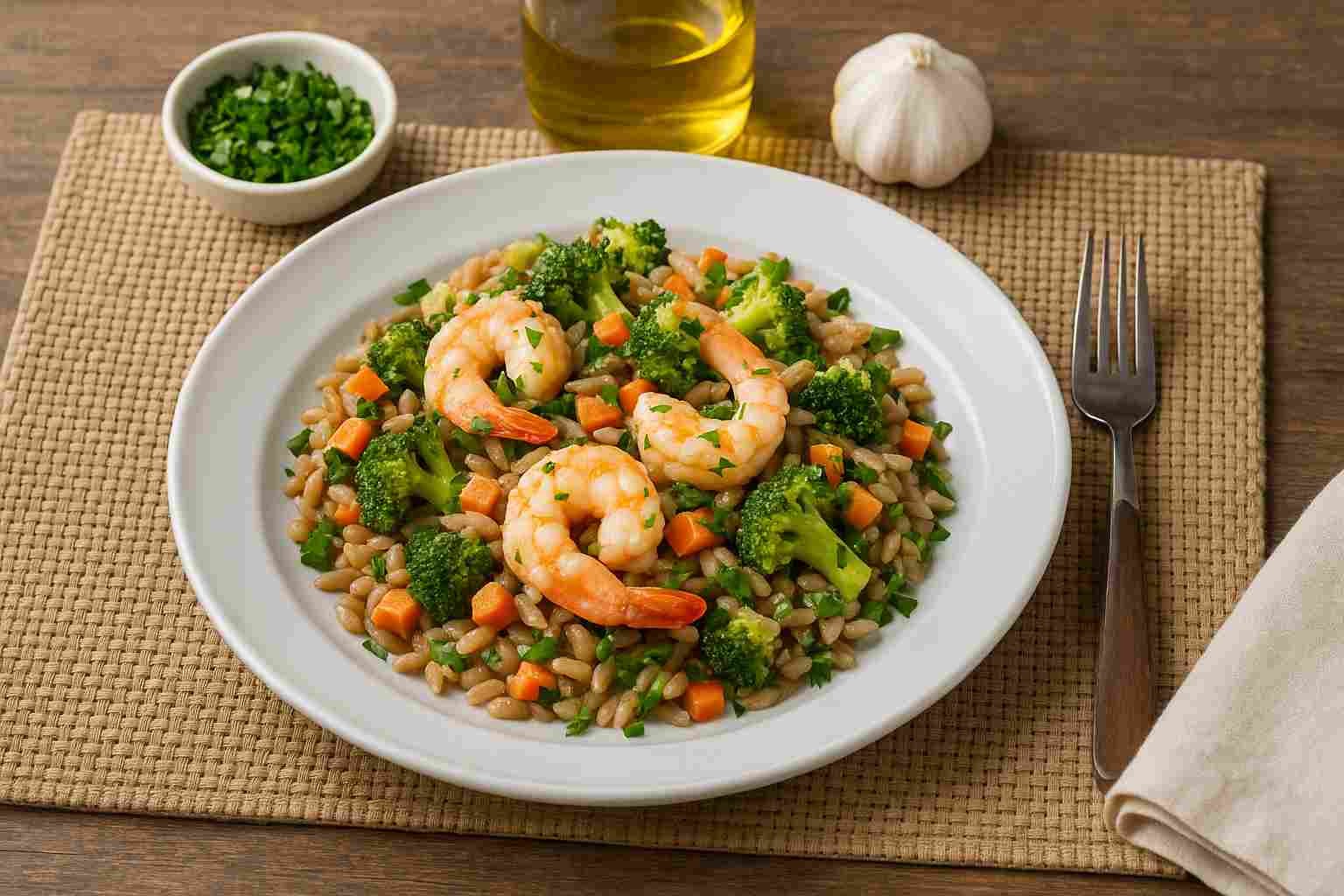 AIP Garlic Shrimp Orzo, a healthy gluten-free and dairy-free seafood dish with cooked vegetables and grain-free orzo, perfect for the autoimmune protocol diet.