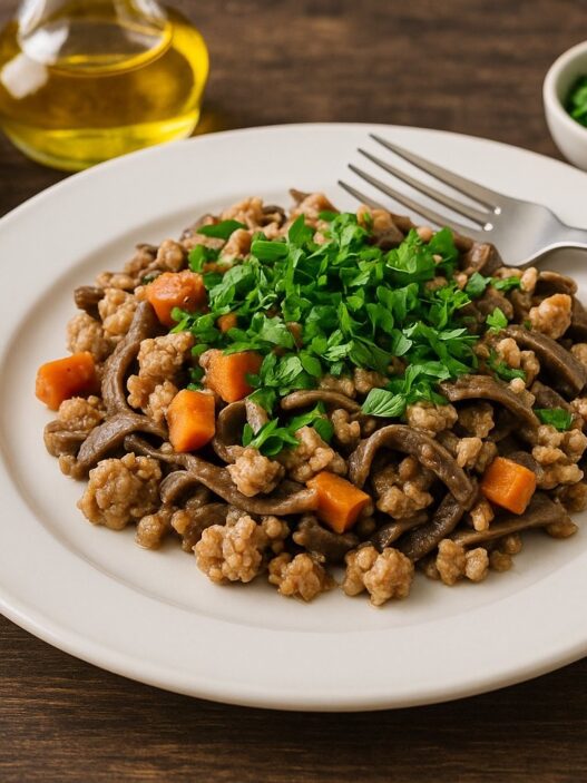 AIP Pasta Bolognese with ground turkey, carrots, and fresh parsley on a white plate; gluten-free, dairy-free, autoimmune-friendly meal