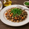 AIP Pasta Bolognese with ground turkey, carrots, and fresh parsley on a white plate; gluten-free, dairy-free, autoimmune-friendly meal