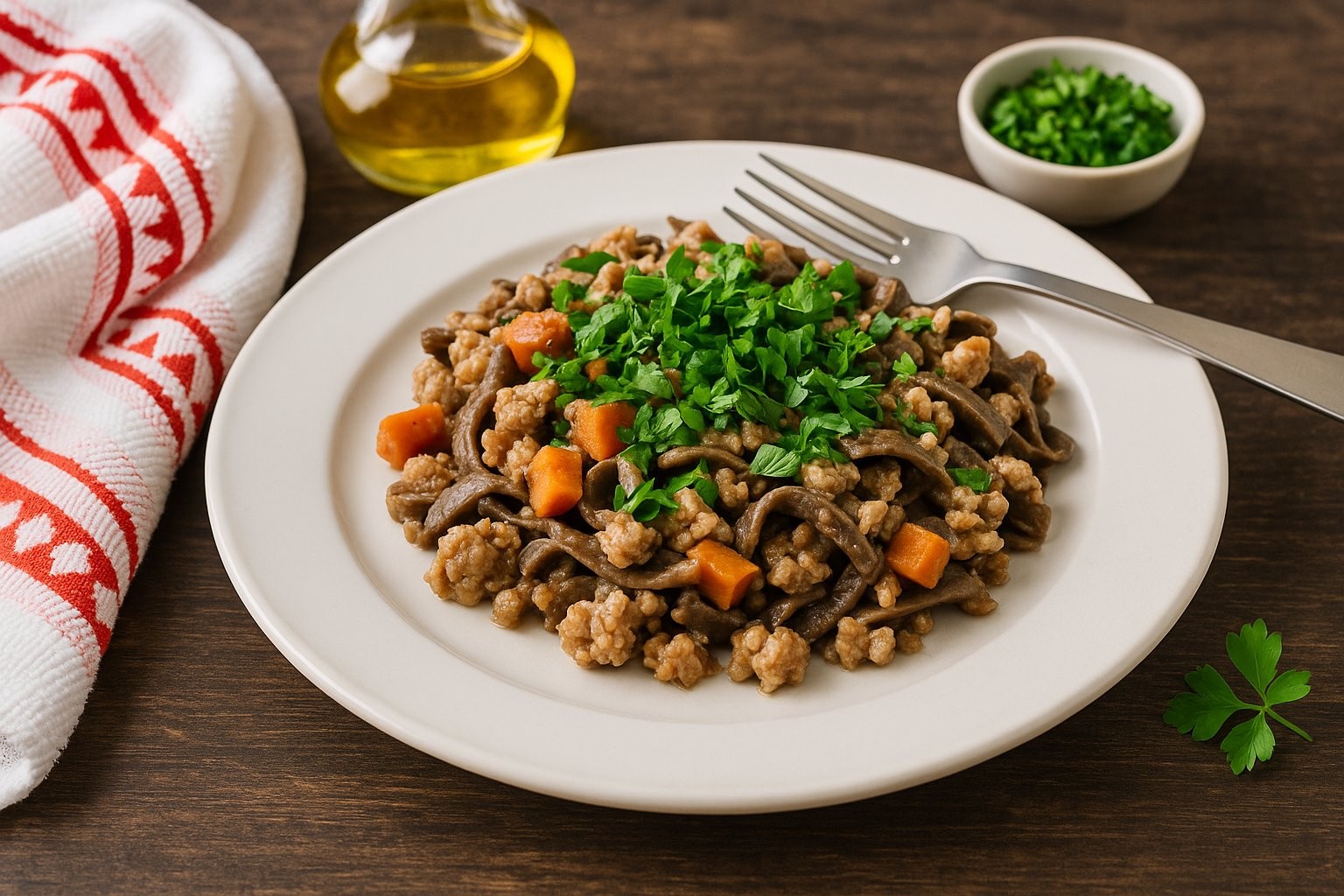 AIP Pasta Bolognese with ground turkey, carrots, and fresh parsley on a white plate; gluten-free, dairy-free, autoimmune-friendly meal