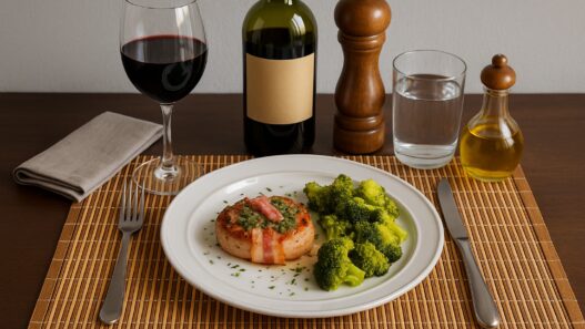 Bacon-wrapped pork chops with broccoli on a white plate, gluten-free and dairy-free meal for an autoimmune-friendly, nutrient-dense diet.