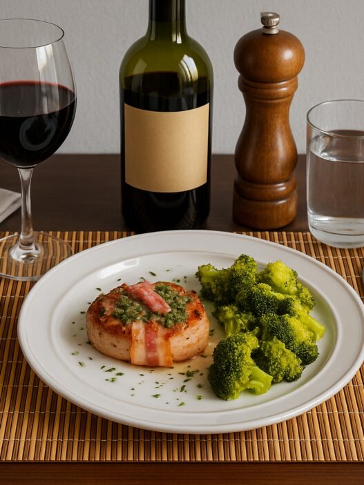 Bacon-wrapped pork chops with broccoli on a white plate, gluten-free and dairy-free meal for an autoimmune-friendly, nutrient-dense diet.