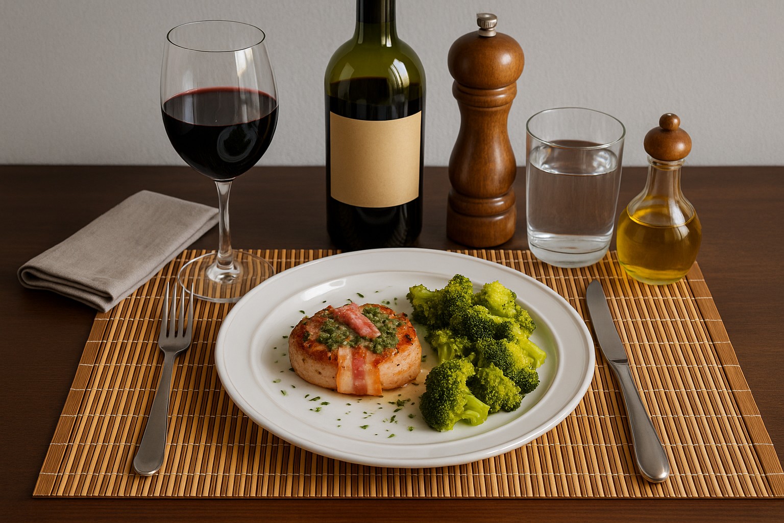 Bacon-wrapped pork chops with broccoli on a white plate, gluten-free and dairy-free meal for an autoimmune-friendly, nutrient-dense diet.
