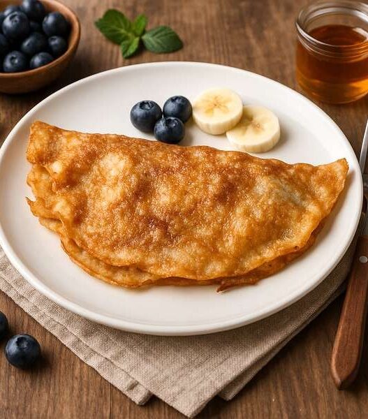 Blueberries, banana crepes on a plate with fresh fruit and honey, AIP, gluten-free, dairy-free, autoimmune-friendly dessert.