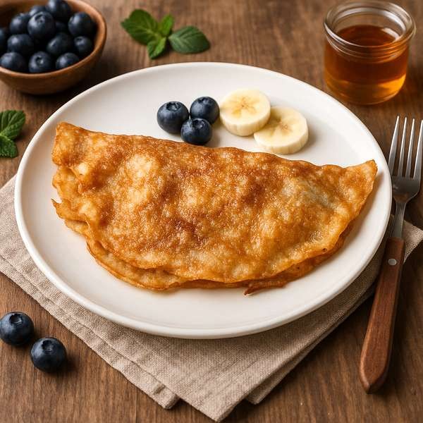 Blueberries, banana crepes on a plate with fresh fruit and honey, AIP, gluten-free, dairy-free, autoimmune-friendly dessert.