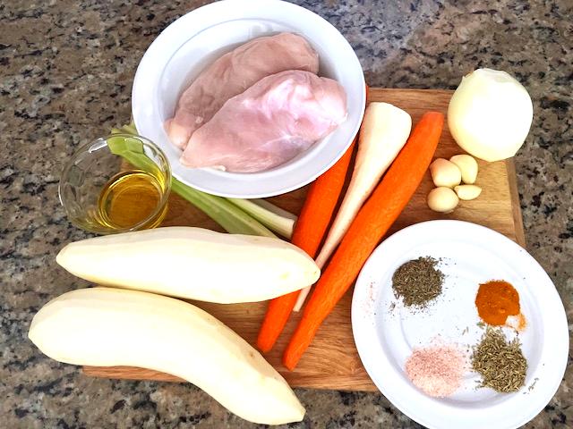 Chicken breast stew ingredients.