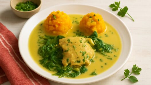 Creamy No-Tomato Chicken Dinner with mashed sweet potatoes and wilted greens, served in turmeric coconut sauce on a white plate with rustic props. Dairy-free, gluten-free, egg-free meal, perfect for those following an autoimmune diet.