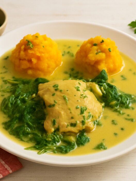 Creamy No-Tomato Chicken Dinner with mashed sweet potatoes and wilted greens, served in turmeric coconut sauce on a white plate with rustic props. Dairy-free, gluten-free, egg-free meal, perfect for those following an autoimmune diet.