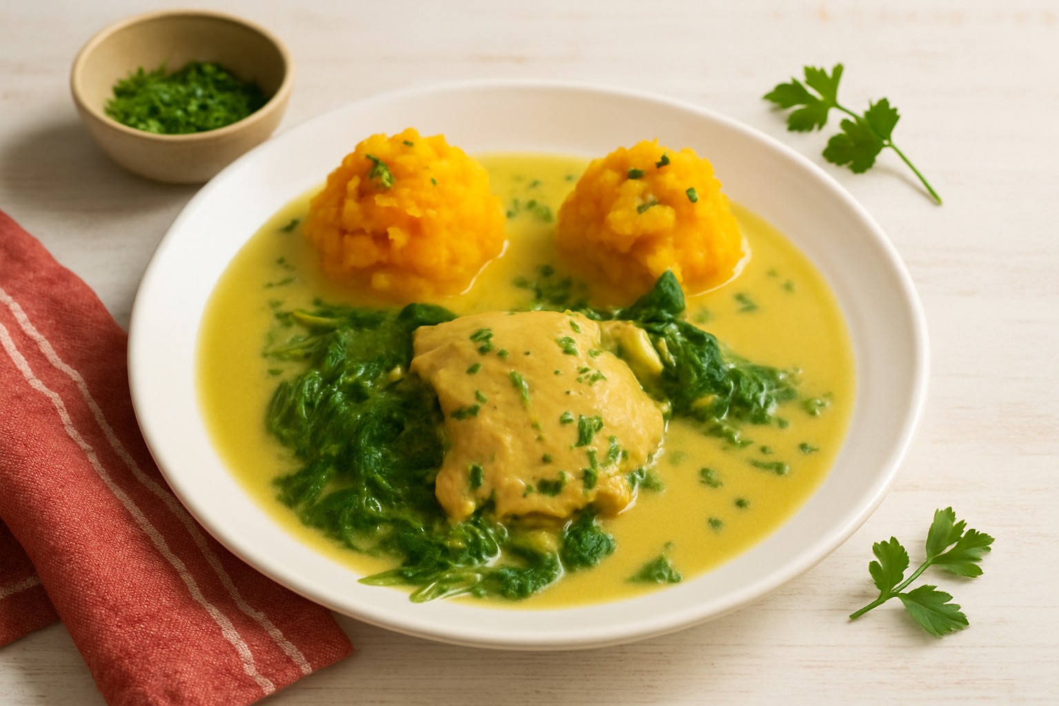 Creamy No-Tomato Chicken Dinner with mashed sweet potatoes and wilted greens, served in turmeric coconut sauce on a white plate with rustic props. Dairy-free, gluten-free, egg-free meal, perfect for those following an autoimmune diet.