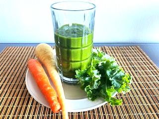 AIP Smoothie with kale, carrots, parsnips, celery root, and ginger, promoting gut health and reducing inflammation for autoimmune wellness and healing.