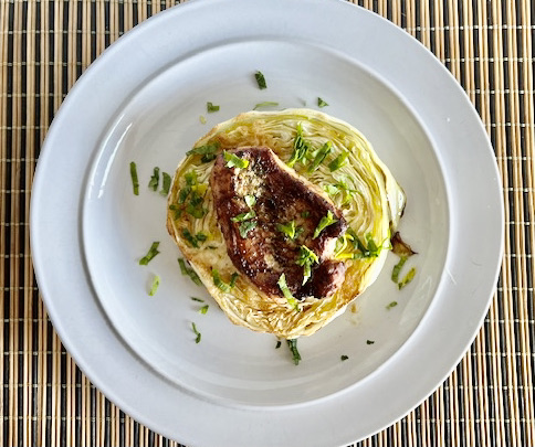 AIP Pork and Cabbage Steaks with seared pork chops and roasted cabbage, a perfect Autoimmune Protocol dinner