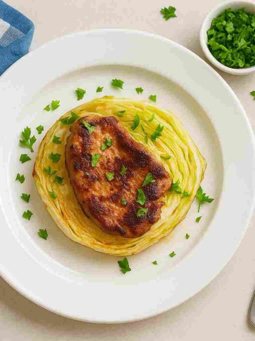 AIP Pork and Cabbage Steaks served on a white plate with fresh parsley, gluten-free, dairy-free, nutrient-dense AIP dinner, perfect for autoimmune diet recipes.