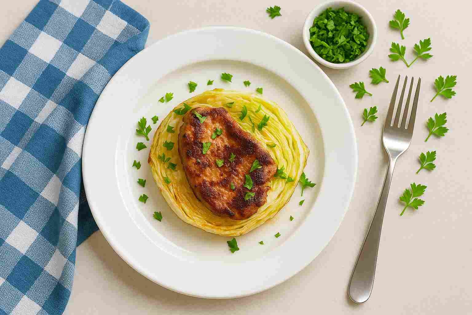 AIP Pork and Cabbage Steaks served on a white plate with fresh parsley, gluten-free, dairy-free, nutrient-dense AIP dinner, perfect for autoimmune diet recipes.