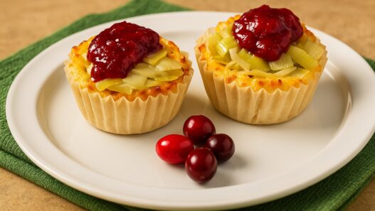 AIP-friendly sweet potato cups with leeks and cranberry sauce, a gluten-free, autoimmune-friendly, nutrient-dense appetizer full of vitamins and antioxidants.