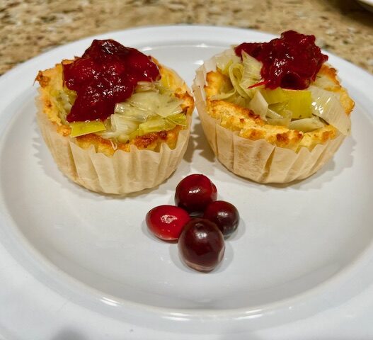 AIP-friendly sweet potato cups with leeks and cranberry sauce, a gluten-free, autoimmune-friendly, nutrient-dense appetizer full of vitamins and antioxidants.