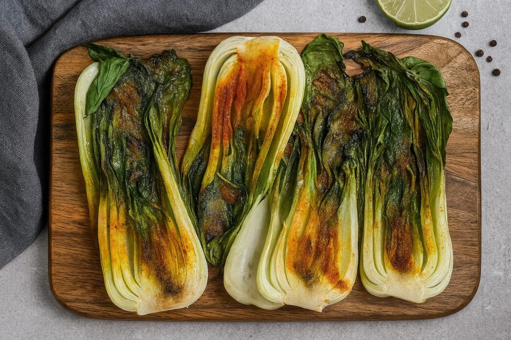 Roasted Bok Choy with turmeric and spices on wooden board – anti-inflammatory, gluten-free, nutrient-dense, AIP-friendly vegetable side dish.
