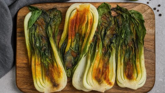 Roasted Bok Choy with turmeric and spices on wooden board – anti-inflammatory, gluten-free, nutrient-dense, AIP-friendly vegetable side dish.