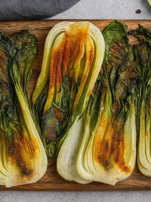 Roasted Bok Choy with turmeric and spices on wooden board – anti-inflammatory, gluten-free, nutrient-dense, AIP-friendly vegetable side dish.