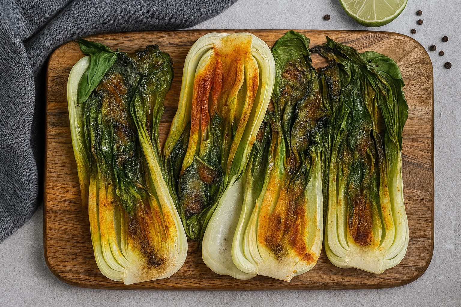 Roasted Bok Choy with turmeric and spices on wooden board – anti-inflammatory, gluten-free, nutrient-dense, AIP-friendly vegetable side dish.