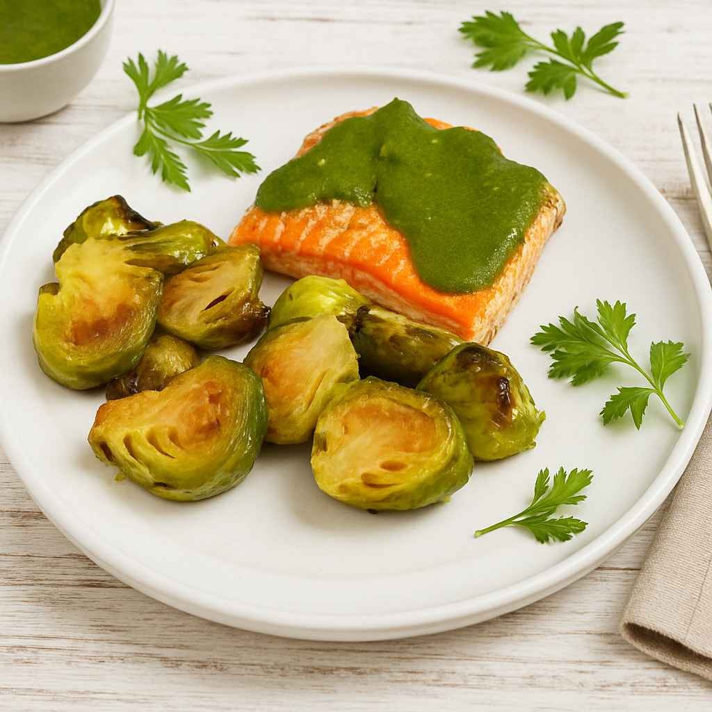 Roasted Brussels sprouts with ACV and maple syrup served with salmon and green herb sauce on a white plate, healthy AIP dinner, anti-inflammatory meal.