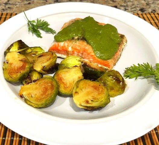 Roasted Brussels sprouts for AIP diet, caramelized with apple cider vinegar and maple syrup, served as a healthy, anti-inflammatory, gut-friendly side dish.