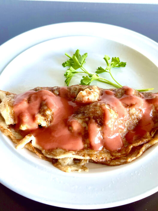 Savory Crepes with chicken, asparagus, zucchini, and dill sauce, gluten-free, dairy-free, perfect for a healthy AIP Compliant meal.