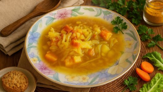 Cabbage and Bacon Soup with nutrient-rich vegetables, perfect for autoimmune gastritis and supporting digestive health.