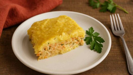 Turkey and Sweet Potatoes Moussaka made with mashed root vegetables and ground chicken, served on a white plate with fresh parsley and rustic props. Autoimmune-friendly, dairy-free, gluten-free, and nightshades-free.