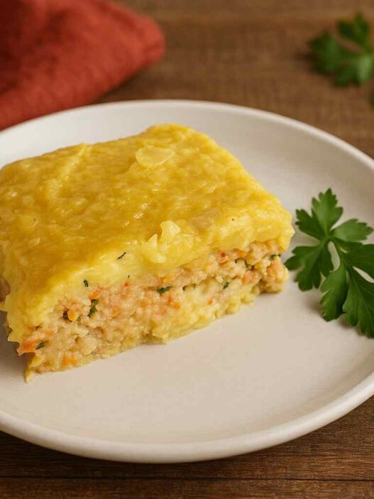 Turkey and Sweet Potatoes Moussaka made with mashed root vegetables and ground chicken, served on a white plate with fresh parsley and rustic props. Autoimmune-friendly, dairy-free, gluten-free, and nightshades-free.