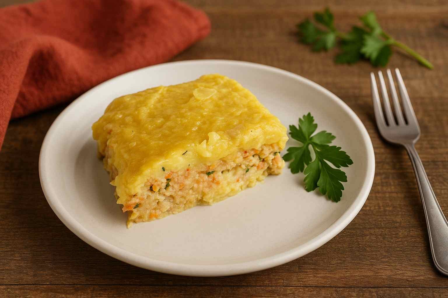 Turkey and Sweet Potatoes Moussaka made with mashed root vegetables and ground chicken, served on a white plate with fresh parsley and rustic props. Autoimmune-friendly, dairy-free, gluten-free, and nightshades-free.