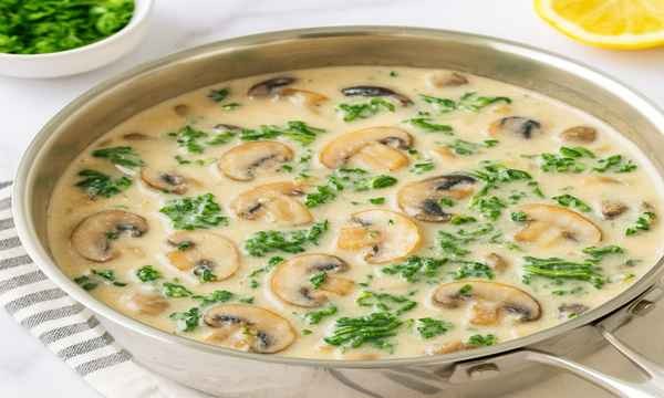 Mushroom Kale Sauce in Creamy Coconut Base with sautéed mushrooms and wilted kale in a dairy-free, gluten-free, paleo, AIP-friendly creamy coconut sauce
