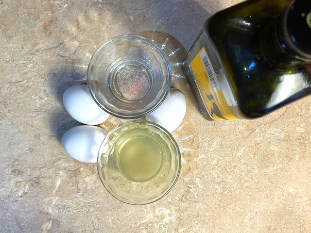 Ingredients for Homemade Mayonnaise: egg yolk, olive oil, vinegar, and salt, ready for mixing. Perfect for AIP Reintroduction phase