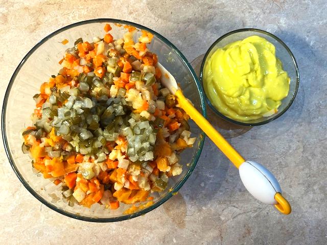 Diced ingredients for Salade de Boeuf: beef, sweet potatoes, carrots, parsnips, celery root, pickled cucumbers, and mayonnaise. Nightshades-free and suitable for egg yolk reintroduction.